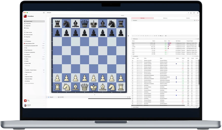 ChessBase for Mac on a MacBook Pro: the analysis board at the starting position, with the reference moves and the top games listed beside it